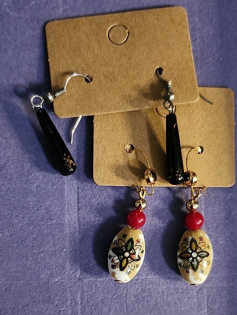 Floral Cream & Red Drop Earrings with Black Accent